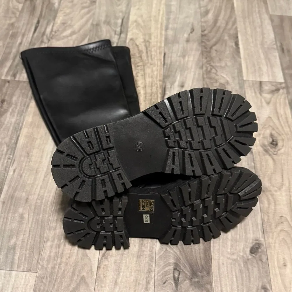 Black Chunky Vegan Leather knee high boots
